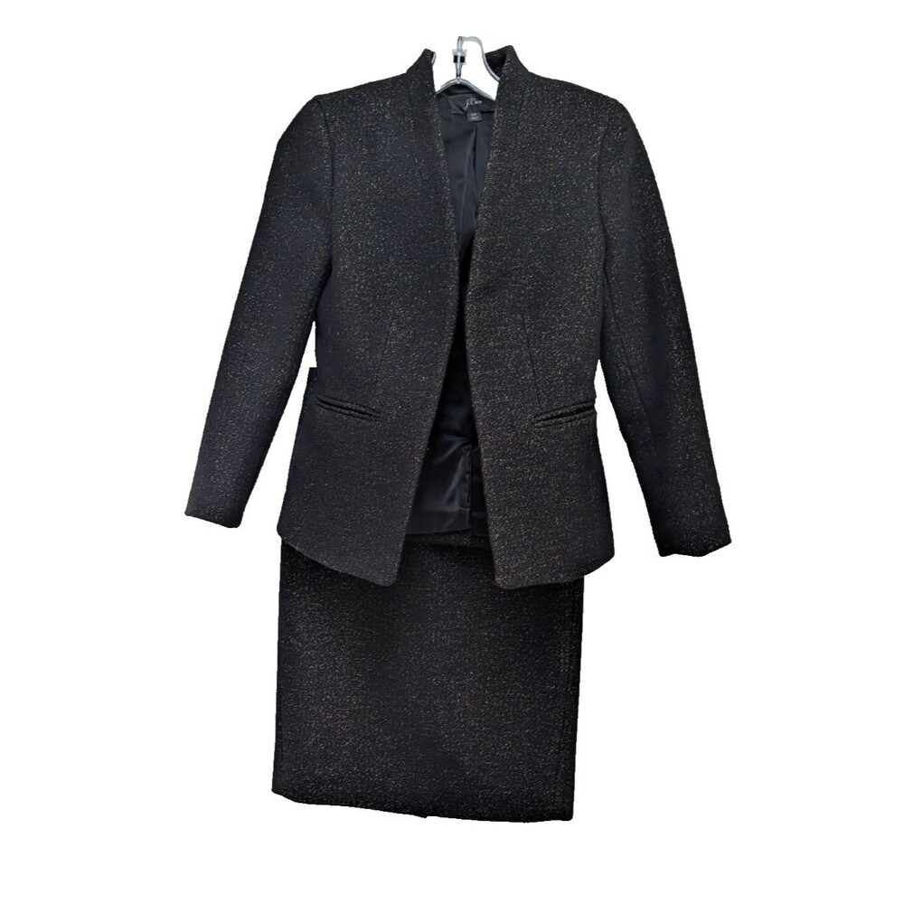 J.Crew Black Gold Fleck Tweed Wool Blend Blazer Skirt Suit 2 Pc Size 00